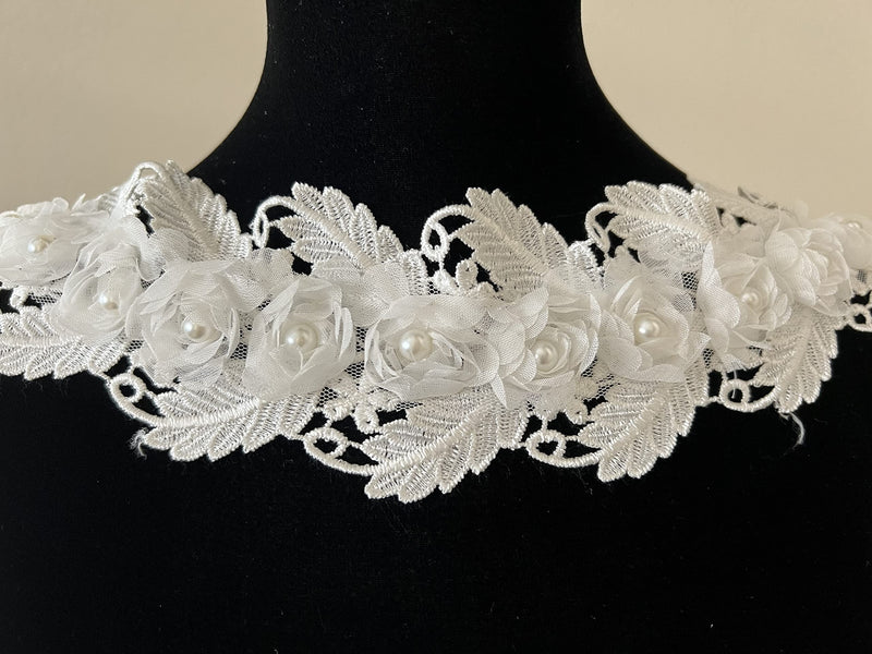 PEPPERLONELY 1 Yard White 3D Pearl Chiffon Flower Embroidered Lace Edge Trim Ribbon, Flower Width 7.5cm - NewNest Australia