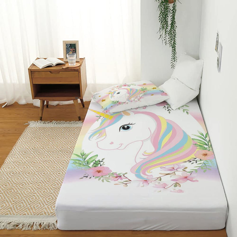 MUSOLEI Unicorn Fitted Sheet Set Twin Girls Rainbow Star Sheet Pink Flower Bedding Set 1 Deep Pocket Fitted Sheet with 1 Pillowcases Multi-Colour Gift 01 - NewNest Australia