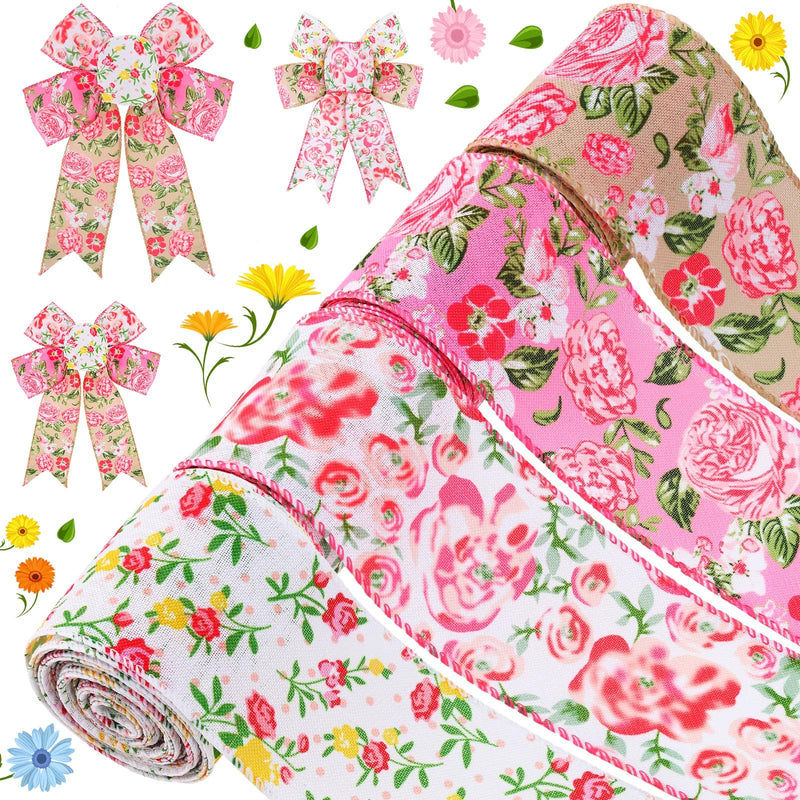 Floral Ribbon 4 Rolls Wired Edge Ribbon Spring Summer Craft Wired Ribbon Flower Pattern Ribbons Decorative Fabric Ribbons for Making Bows and Wreaths Gift Wrapping, 20 Yard x 2.5 Inch (Delicate Style) Delicate Style - NewNest Australia