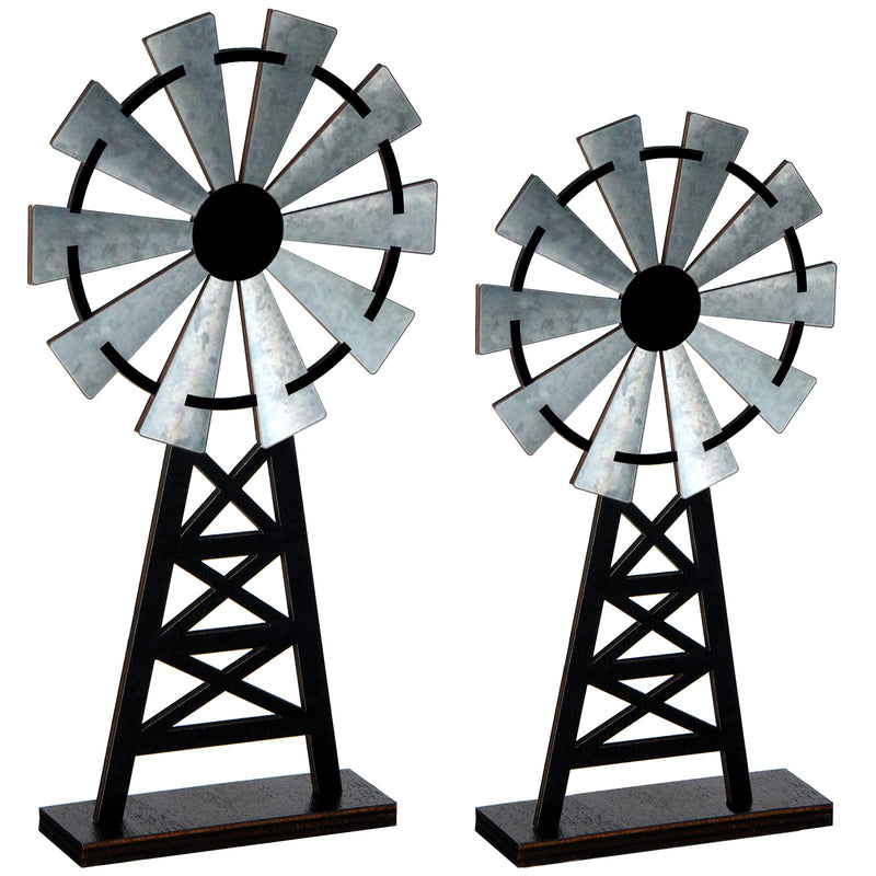 Set of 2 Wooden Farmhouse Windmill Table Top Decor Wood Small Distressed Windmill Table Decor Black Grey Rustic Windmill Themed Table Decor for Kitchen Garden Home Decor - NewNest Australia