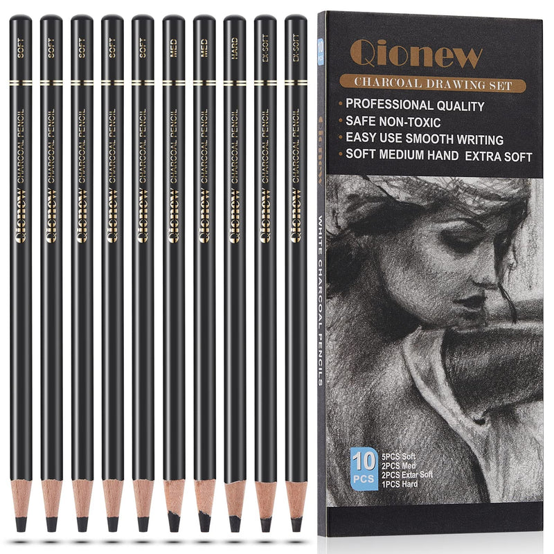 Qionew Professional Charcoal Pencils Drawing Set - 10 Pieces Ex-Soft, Soft, Medium & Hard Charcoal Pencils for Drawing, Sketching, Shading, Ideal Artist Pencils for Beginners & Artists - NewNest Australia