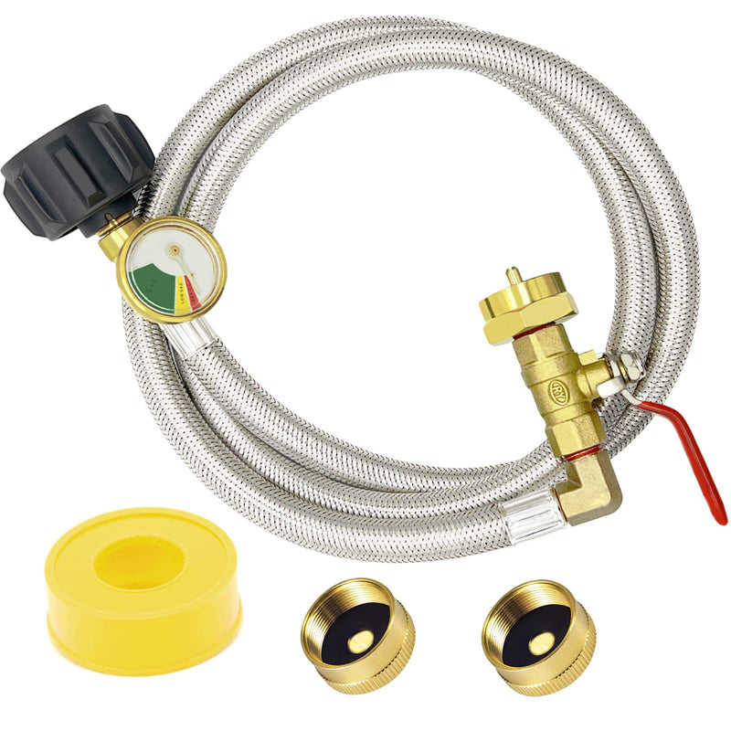 GardenNow Upgraded 48" Stainless Braided QCC1 Type Inlet Propane Refill Adapter Hose Extension Propane Refill Hose with Gauge ON/Off Control Valve for 1LB Propane Gas Tank 350PSI High Pressure Camping - NewNest Australia