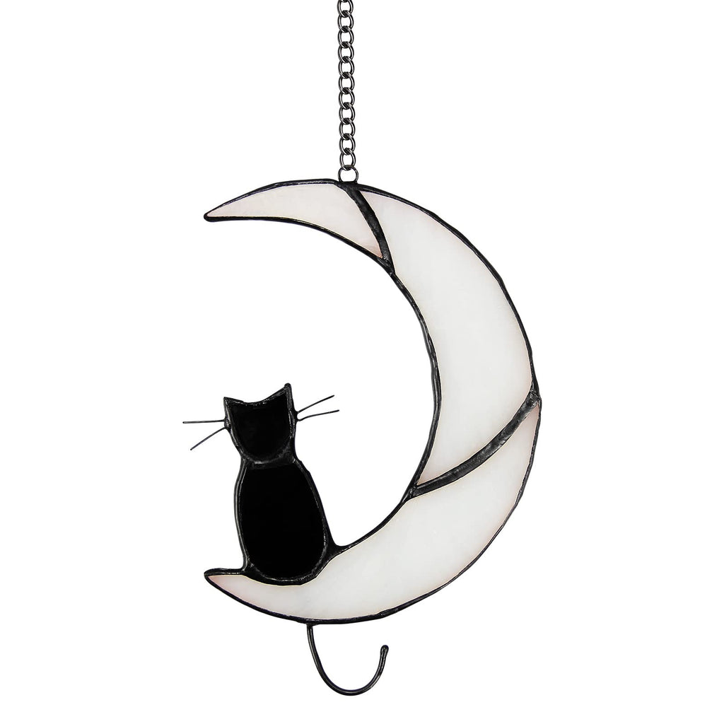 Stained Glass Window Hanging, Black Cat on The Moon Suncatcher Ornament Decor - NewNest Australia