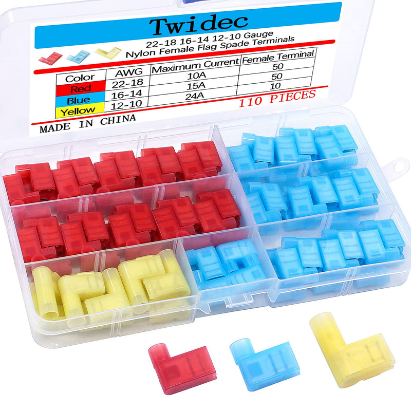 Twidec/110Pcs Nylon Flag Spade Female Insulated Terminals 22-18 18-14 12-10 Gauge Quick Disconnects Electrical Crimp Terminals Connector Assortment Kit for Electrical Wiring Car Audio Speaker N-006 - NewNest Australia