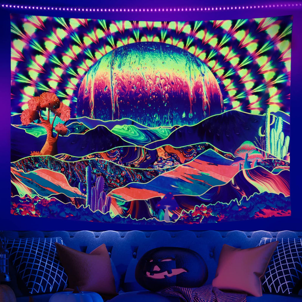 Blacklight Tapestry Planet and Mountains Trippy Tapestry UV Reactive Psychedelic Neon Tapestries Wall Hanging Tapestry for Living Room Dorm Decor W59"×H51" Medium Blacklight Planet - NewNest Australia