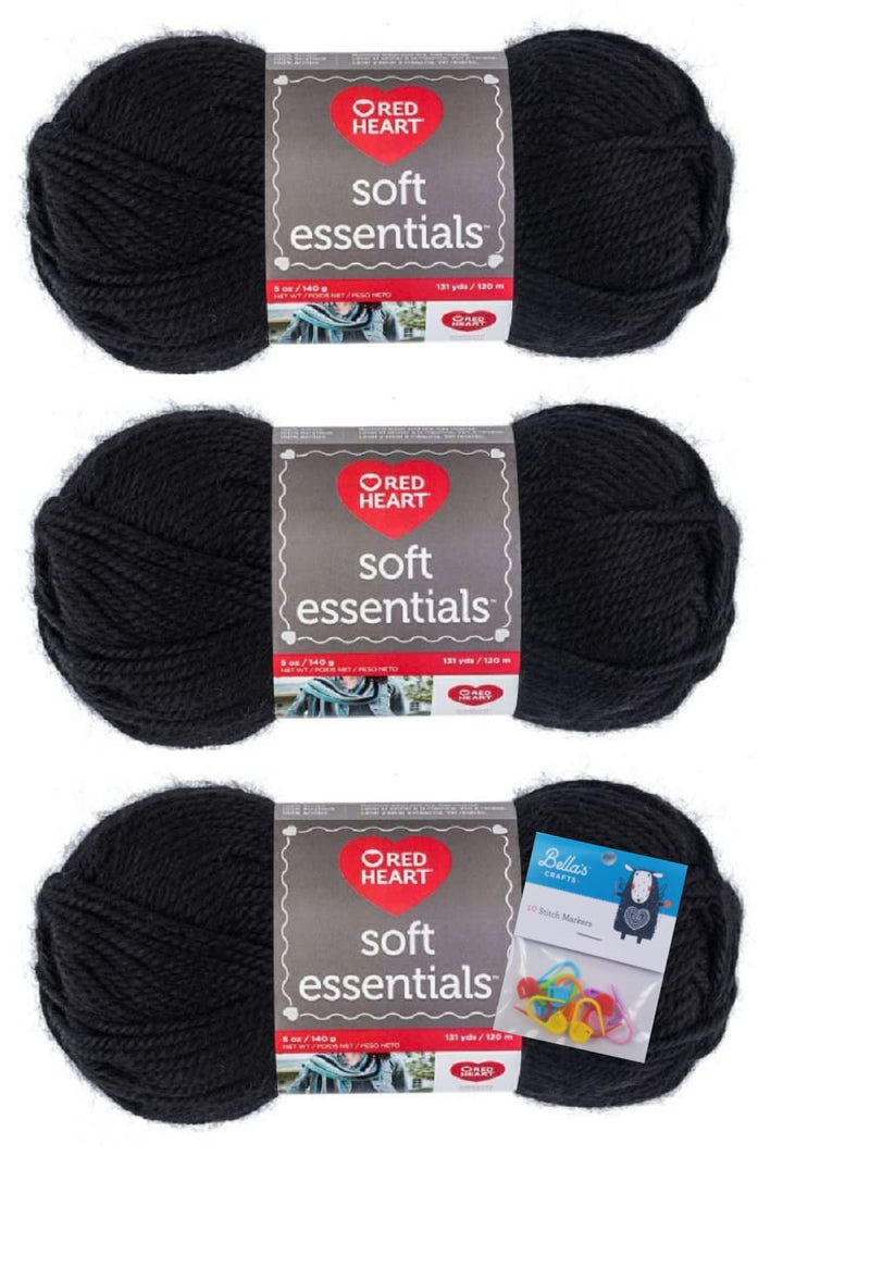 Red Heart Soft Essentials Yarn - Black - Bulky Weight 5 - 3 Pack Bundle with Bella's Crafts Stitch Markers - NewNest Australia