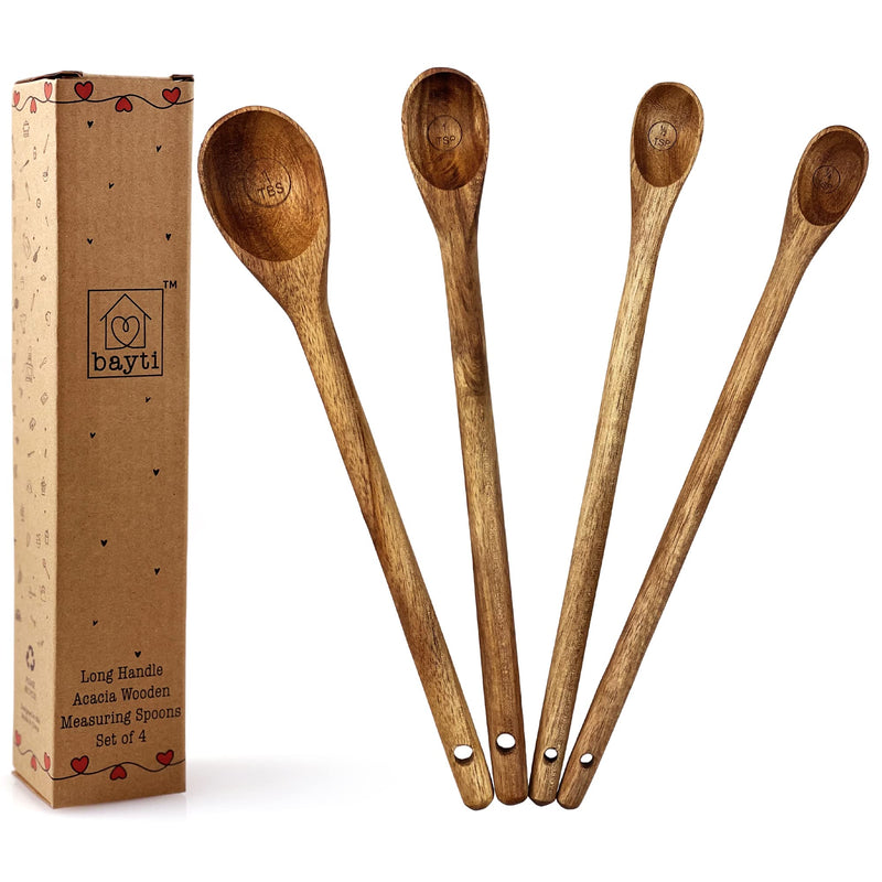Bayti Long Handle Acacia Wooden Measuring Spoons, 100% Natural Food Grade Acacia Wood set of 4 spoons - NewNest Australia