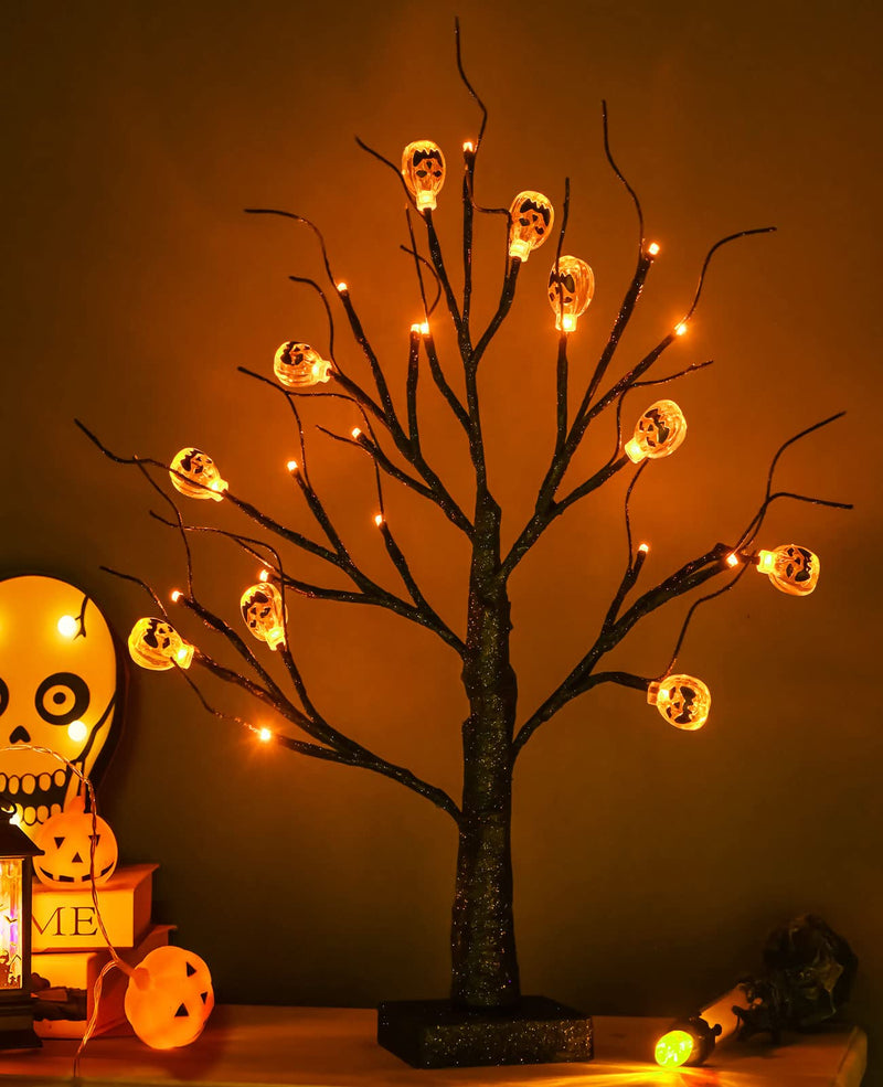 ZHOUDUIDUI Halloween Tree, Black Spooky Tree with 24LED Orange Lights and 10 Pumpkin Ornaments Battery Powered 18IN Lighted Halloween Bonsai Tree for Indoor Tabletop Halloween Party Decoration 18in Orange Lights - NewNest Australia