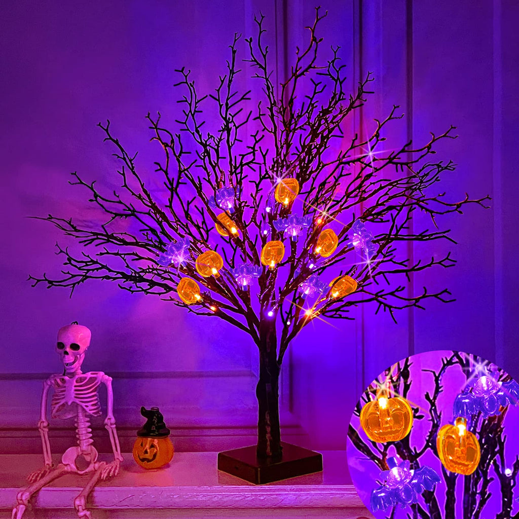 24 Inch 24 LED Orange Purple Lighted Halloween Tree Decoration with Timer, DIY 13 Bats & 12 Pumpkins Jack-O-Lantern Lights Battery Operated Tabletop Black Spooky Tree Halloween Decor Indoor Home Party - NewNest Australia