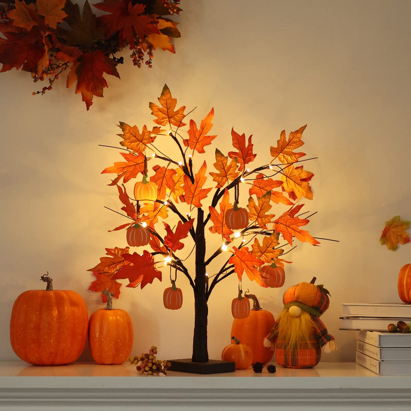 ESTTOP Fall Decorations for Home, 24”2FT Lighted Maple Leaves Tree Fall Decor with 24LT Warm White LEDs, 6 Wood Pumpkin Ornaments Battery Powered Timer for Autumn Home Decor, Thanksgiving, Halloween Orange - NewNest Australia