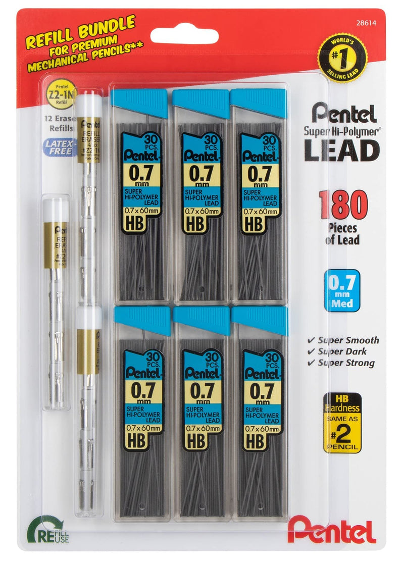 Pentel Eraser and Lead Refill Pack for Mechanical Pencils - Super Hi-polymer Lead Refills Value Pack - 0.7mm 6 Pack of 30 Pieces – Pack of White Eraser Refills 3 Packs of 4 Erasers Each - NewNest Australia