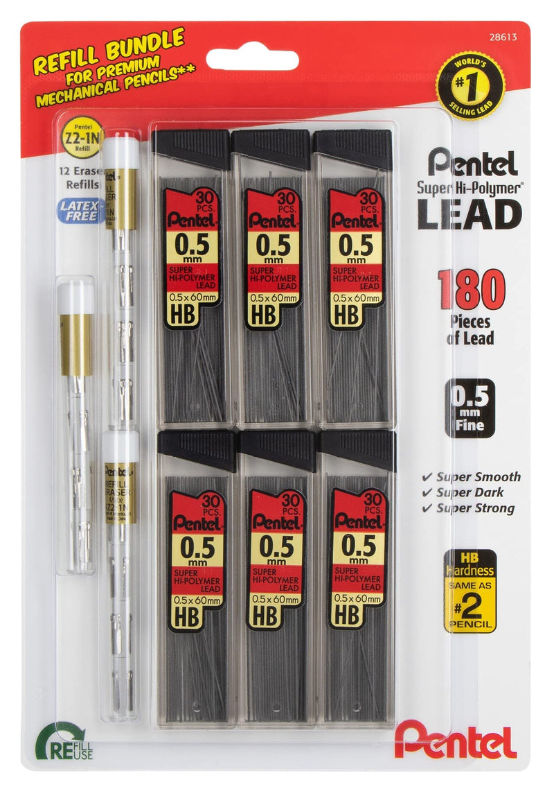 Pentel Eraser and Lead Refill Pack for Mechanical Pencils - Super Hi-polymer Lead Refills Value Pack, 0.5mm 6 Pack of 30 Pieces – Pack of White Eraser Refills 3 Packs of 4 Erasers - NewNest Australia