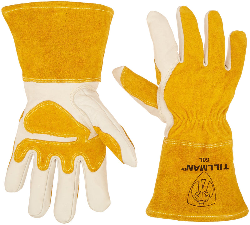 John Tillman and Co Tillman Large 14" Gold and Pearl Top Grain Split Back Cowhide Fleece Lined MIG Welders Gloves with 4" Cuff and Kevlar Thread Locking Stitch (Carded), White/Tan (TIL50L) - NewNest Australia