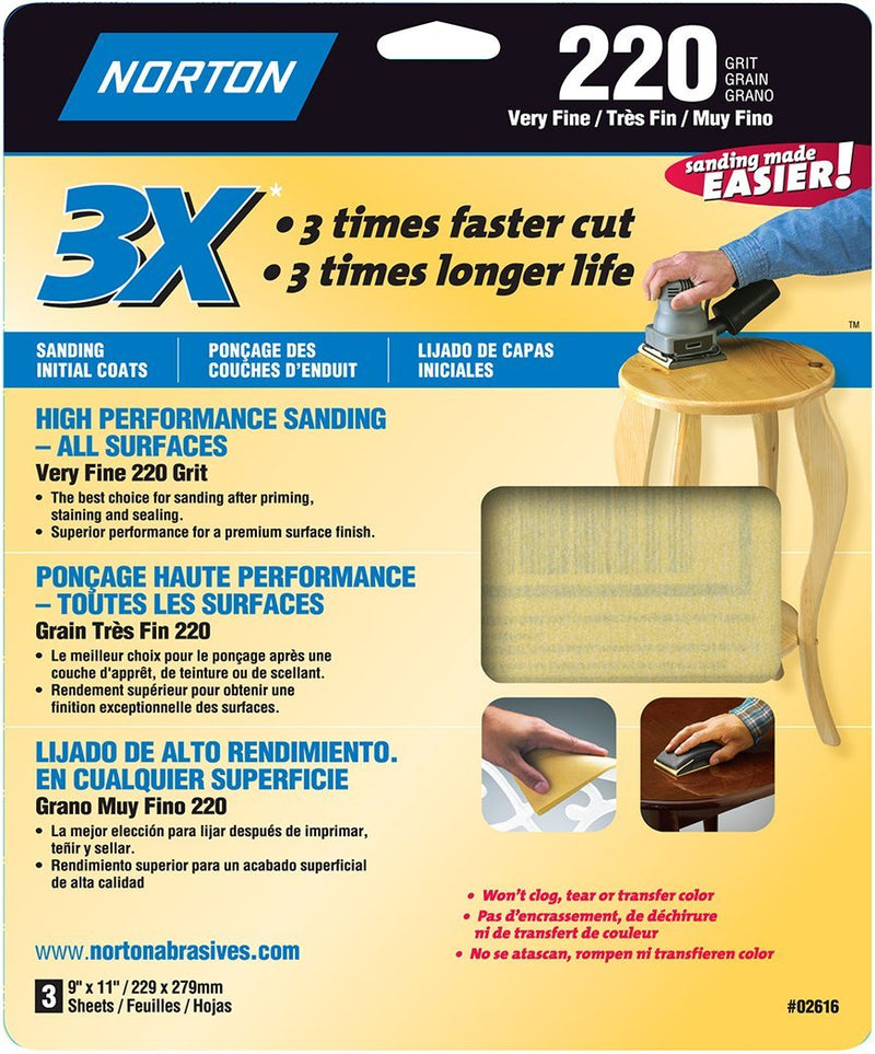 Norton Co. 2616 Norton 02616 3X Handy Aluminum-Oxide Sandpaper 220 Grit, 9 x 11-Inch, 3-Pack - NewNest Australia