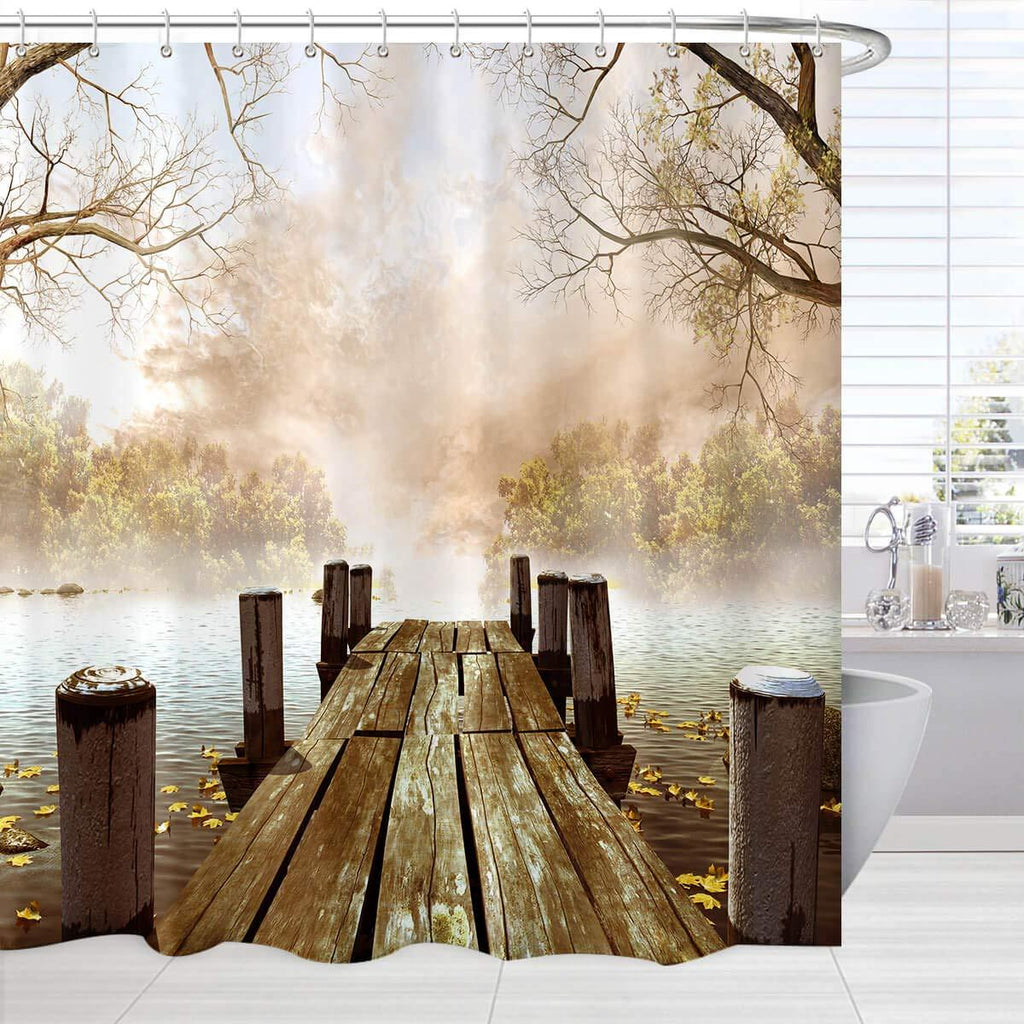 Rustic Cloth Shower Curtain, Fall Foggy Trees Wooden Bridge Lake River Country Scene Bathroom Curtain, Nature Fabric Waterproof Shower Curtain with Hooks, Brown Beige - NewNest Australia