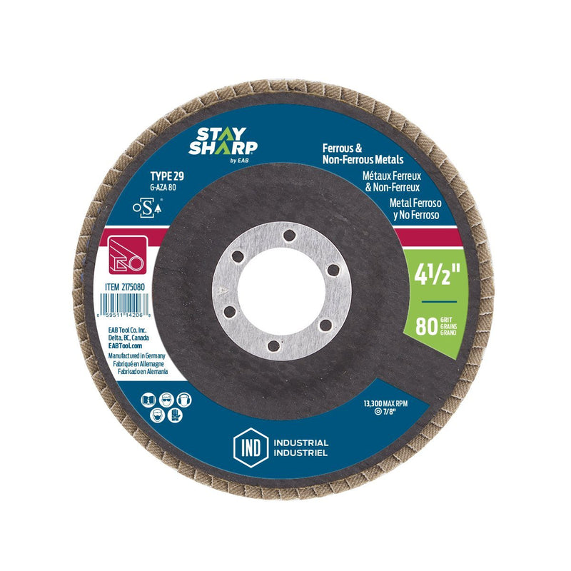 EAB Tool 2175080 4 1/2" x 80 Grit Standard Wood & Metal Flap Disc - Type 29 Professional Abrasive, - NewNest Australia