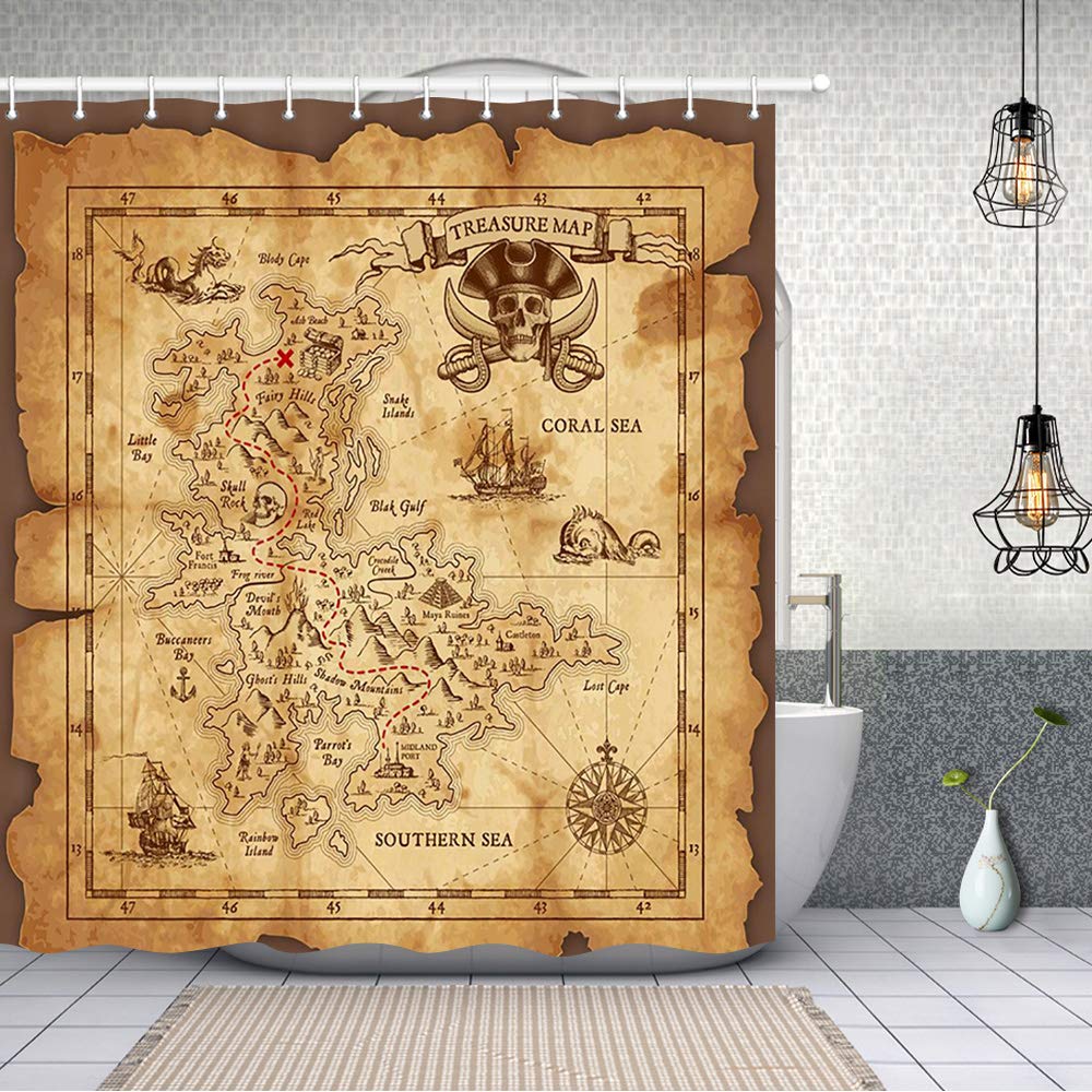 NYMB Nautical Island Map Decor, Vintage Old Map Pirate Ship Bath Curtain 69X70 inches Polyester Fabric Ocean Ancient Pirate Treasure Map Shower Curtains Fantastic Decorations - NewNest Australia