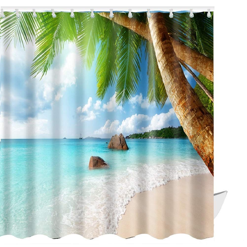 ABxinyoule Beach Scene Shower Curtain Tropical Beach Theme Palm Blue Waterproof Fabric Bathroom Sets - NewNest Australia