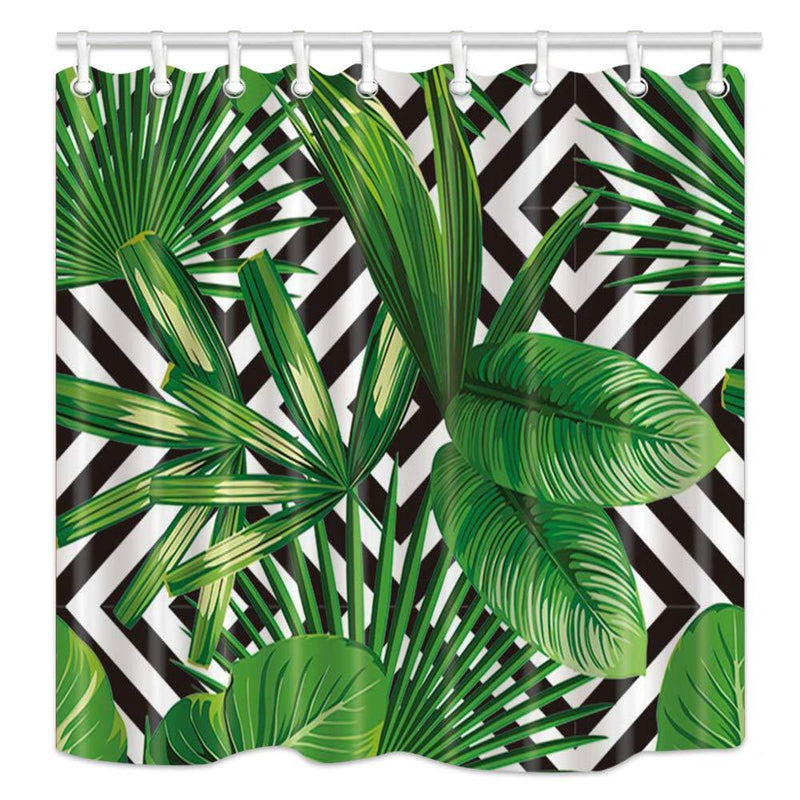 NYMB Jungle Plant Tropical Palm Leaves on The Black White Geometric Background Bath Curtain, Polyester Fabric Waterproof Shower Curtains, 69X70 in, Shower Curtain Hooks Included, Green - NewNest Australia