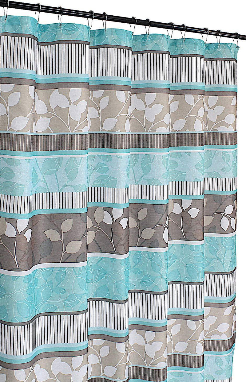 Serafina Home Aqua Blue Fabric Shower Curtain: Primitive Striped Floral Design, 70 by 72 Inches, Teal Aqua Brown Beige - NewNest Australia