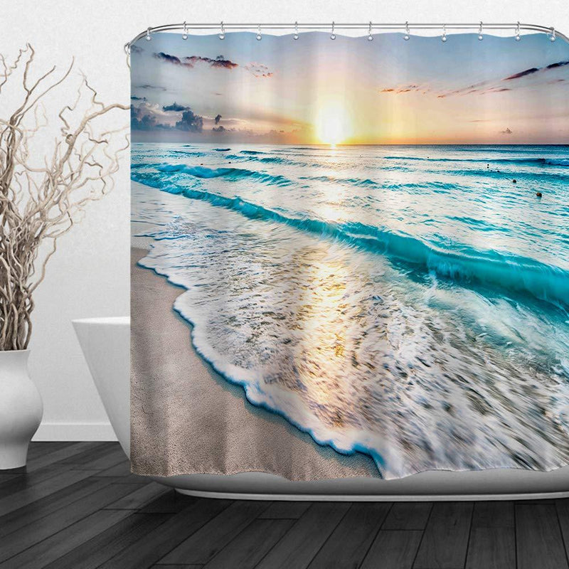 Baccessor Tropical Sea Beach Ocean Waves Shower Curtain with Hooks, Seaside Scene Island Hawaiian Sunrise Theme, Waterproof Fabric, 60" W x 72" H (150CM x 180CM) - Sea Sunrise 60W x 72H(10 grommets, 10 hooks) - NewNest Australia