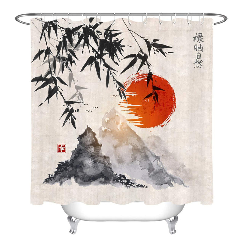 LB Japanese Shower Curtain Watercolor Bamboo Trees Red Sun and Mountains Asian Ink Painting Anime Shower Curtain Set for Bathroom,70x70 Inch Waterproof Fabric with Hooks 70Wx70H - NewNest Australia