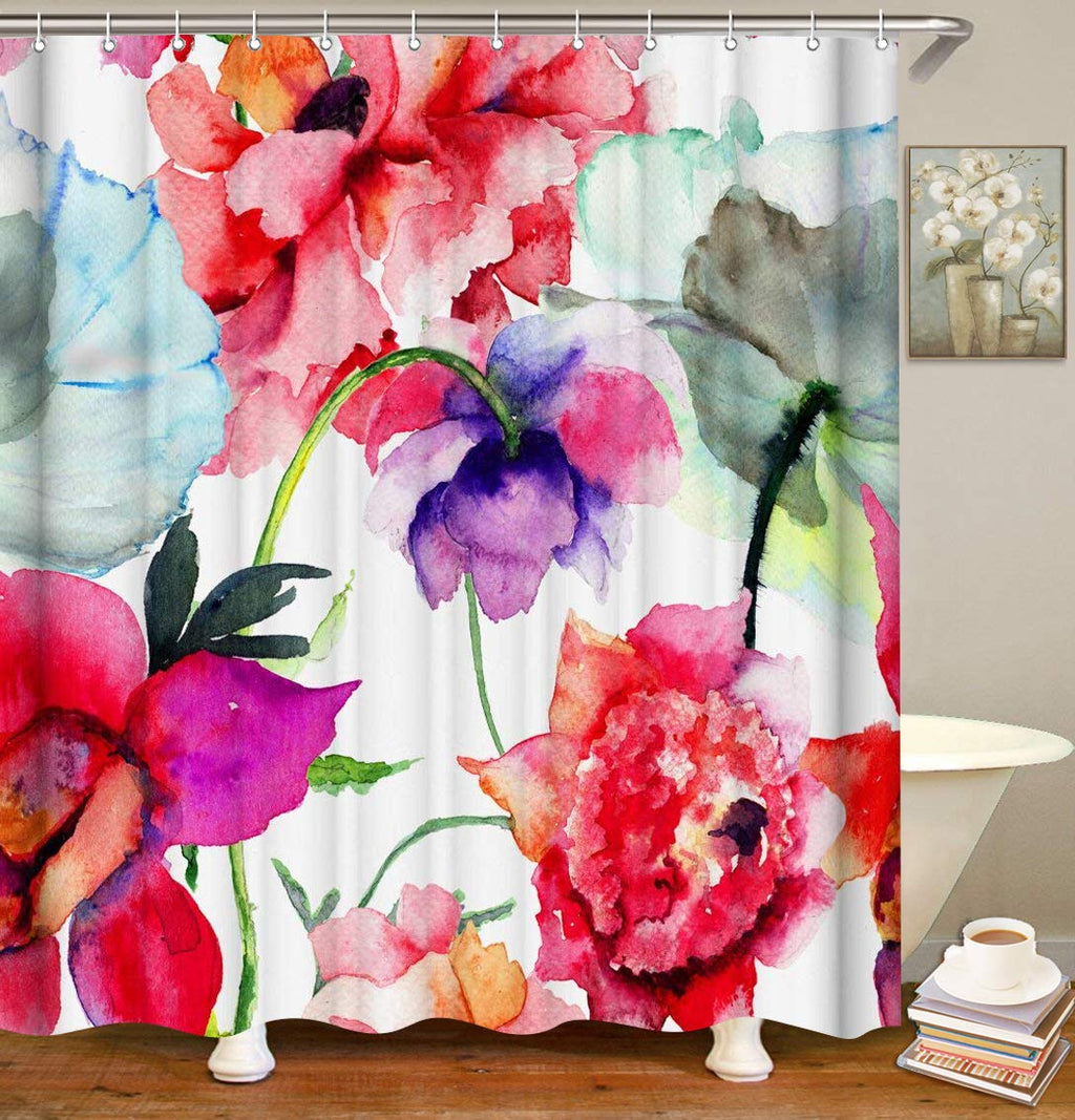 LIVILAN Watercolor Floral Shower Curtains Colorful Flower Fabric Shower Curtain Set with Hooks Abstract Red Bathroom Decor 72x72 Inches Machine Washable - NewNest Australia