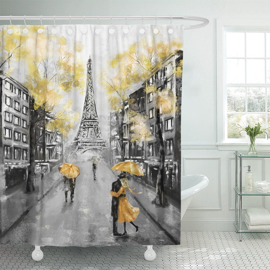 Emvency Shower Curtain Oil Painting Paris European City Landscape France Eiffel Tower Black White and Yellow Modern Couple Under Waterproof Polyester Fabric 72 x 72 inches Set with Hooks 72"W x 72"L - NewNest Australia