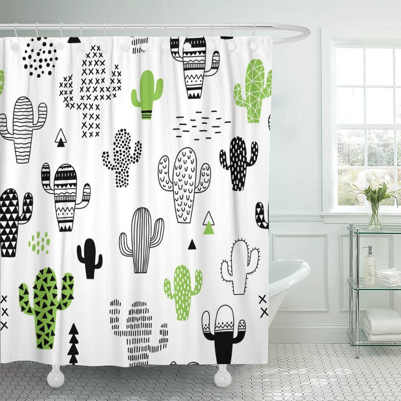 TOMPOP Shower Curtain Black Desert Cute Hand Drawn with Cactus Hipster Geometric Waterproof Polyester Fabric 72 x 72 inches Set with Hooks 72"W x 72"L - NewNest Australia