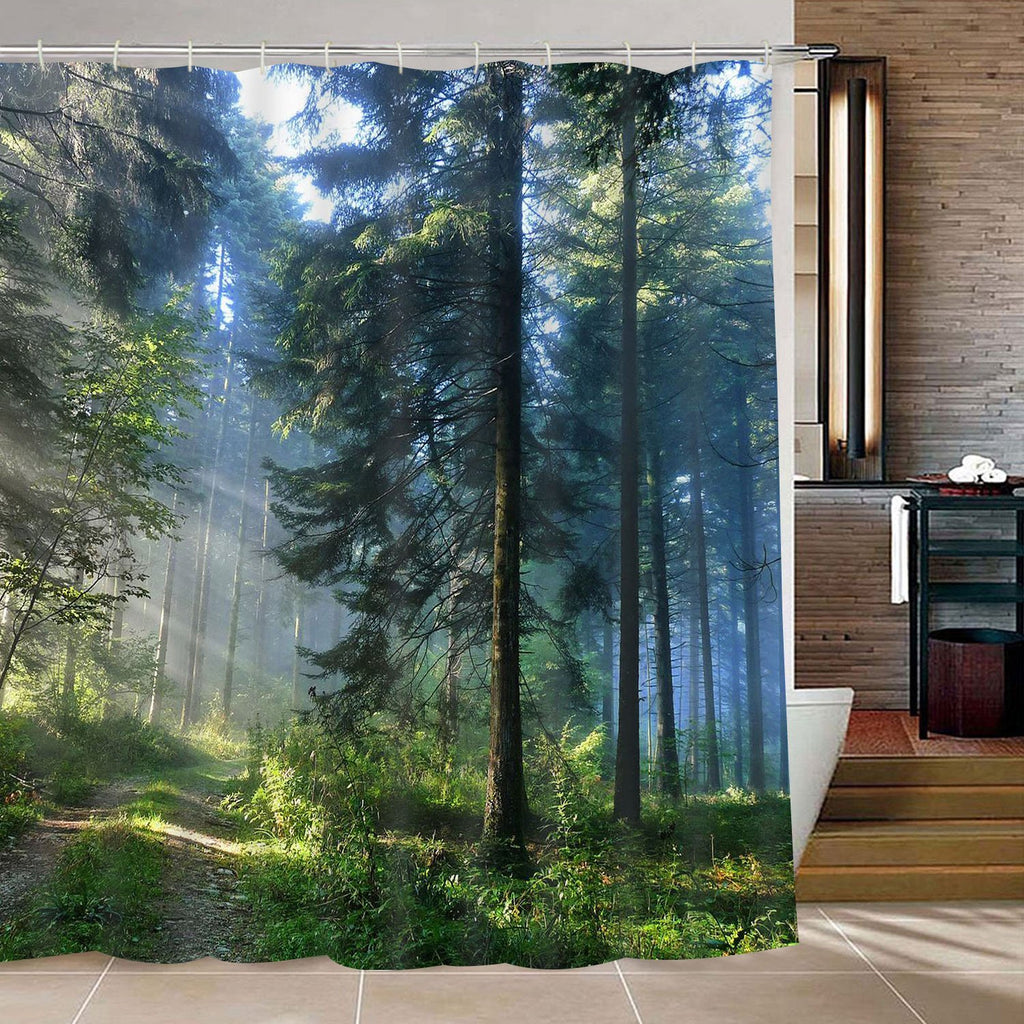 Likiyol Bathroom Shower Curtain Misty Forest Bathroom Curtain with 12 Hooks, Sunshine Trees Shower Curtains Durable Waterproof Fabric Bath Curtain A White Black 70" L × 69" W - NewNest Australia