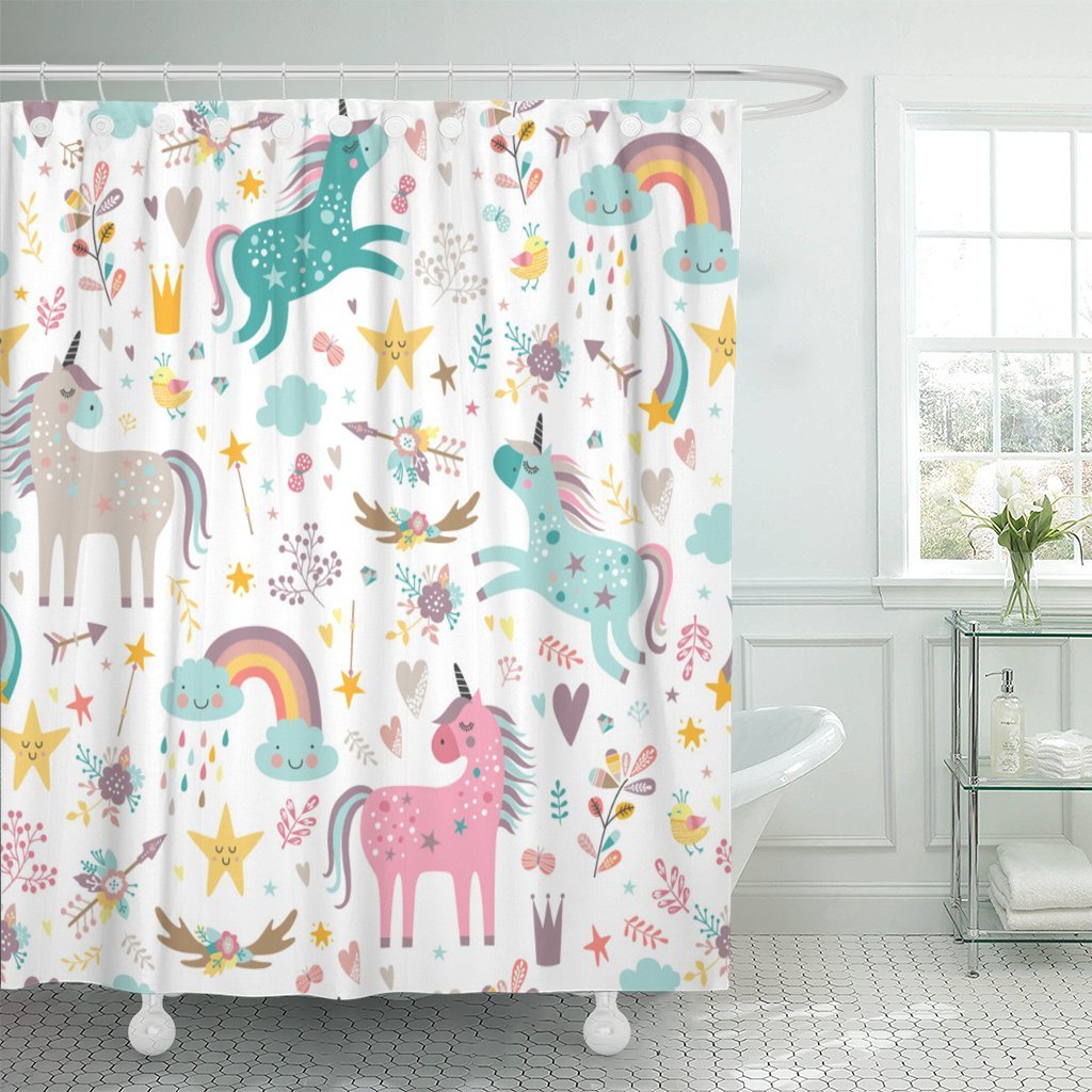 Emvency Shower Curtain Kids Rainbow Blue Pattern Unicorns Pink Baby Girl Animal Arrow Beautiful Waterproof Polyester Fabric 72 x 72 Inches Set with Hooks 72"W x 72"L - NewNest Australia