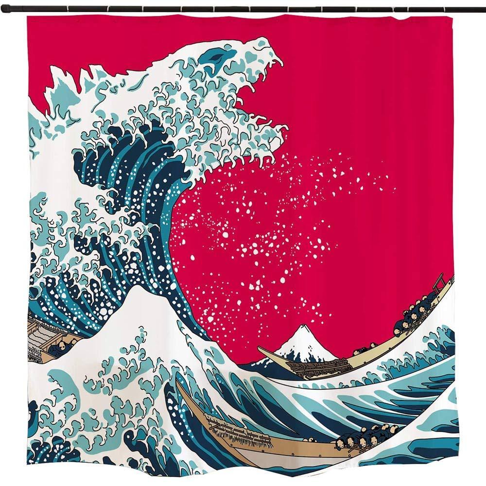 Ofat Home Artistic Ukiyoe Shower Curtain Set with Hooks, Japanese Monster Godzilla Shower Curtains Hokusai The Great Wave Painting Bathroom Accessories, No Liner Needed, Red Blue, 72x72 inch 90gsm 72x72 in - NewNest Australia