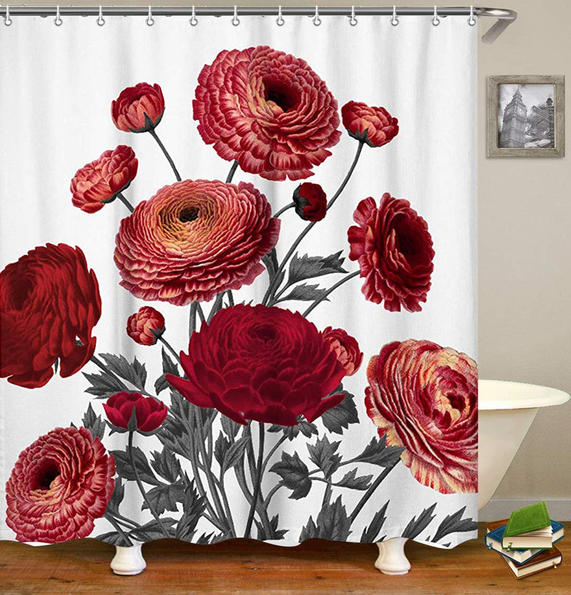 LIVILAN Floral Fabric Shower Curtain with Hooks, Maroon Red Flowers Bathroom Decor Inches Machine Washable Vintage Beautiful 72x72 inch - NewNest Australia