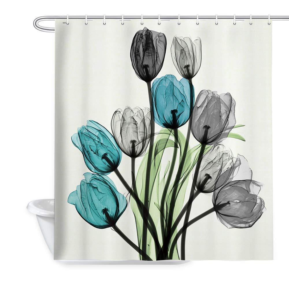 JAWO Flower Shower Curtain, Watercolor Tulip kallaite Black Green, Polyester Fabric Waterproof Shower Curtain for Bathroom, 69X70in, Shower Curtains Hooks Included Mint Green - NewNest Australia