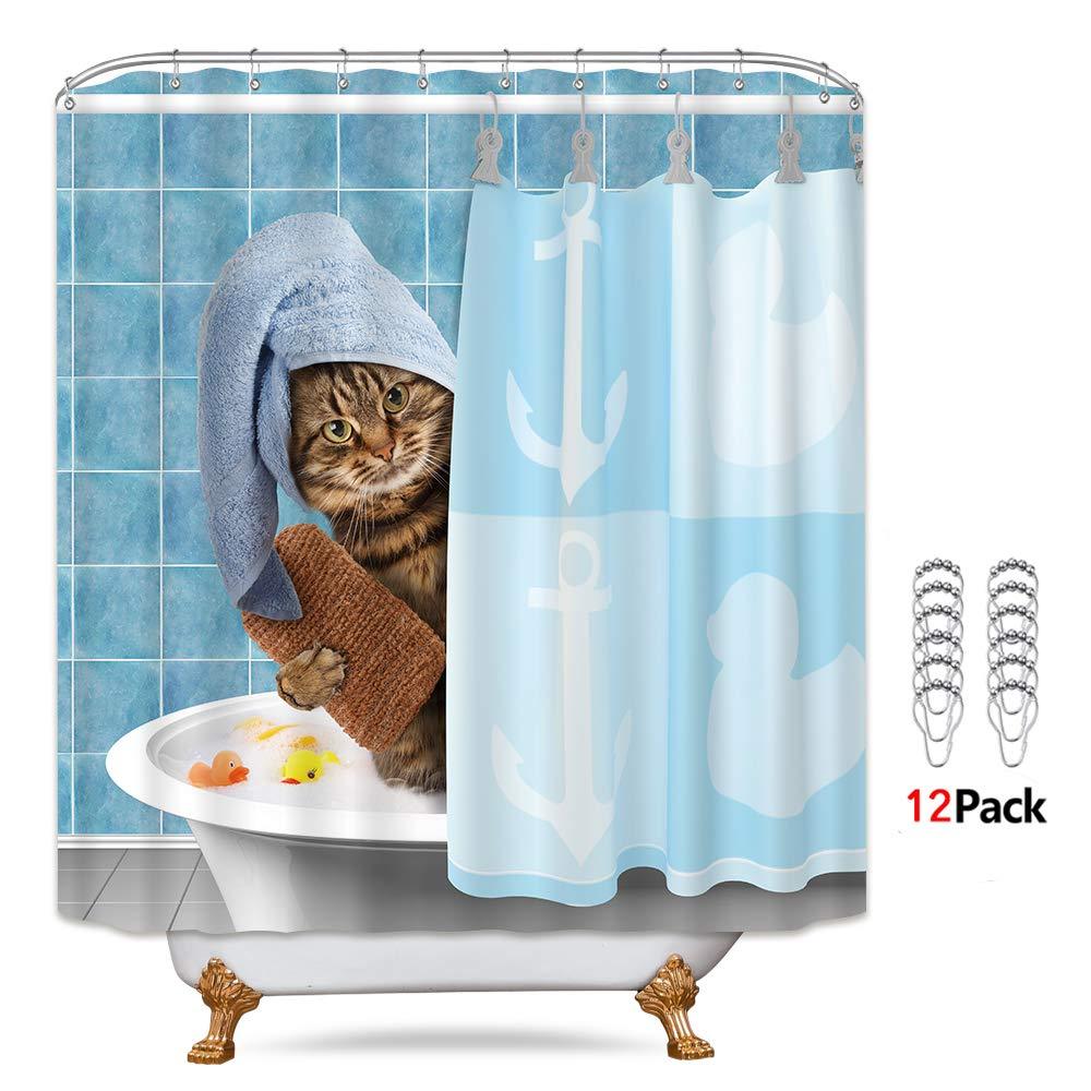 Riyidecor Funny Cat Shower Curtain Animal Kids 12 Pack Metal Fabric Hooks Kitten Yellow Rubber Duck Head Wrapped Bath Towel Blue Decor Fabric Polyester 72" W x 72" H 72Wx72H - NewNest Australia