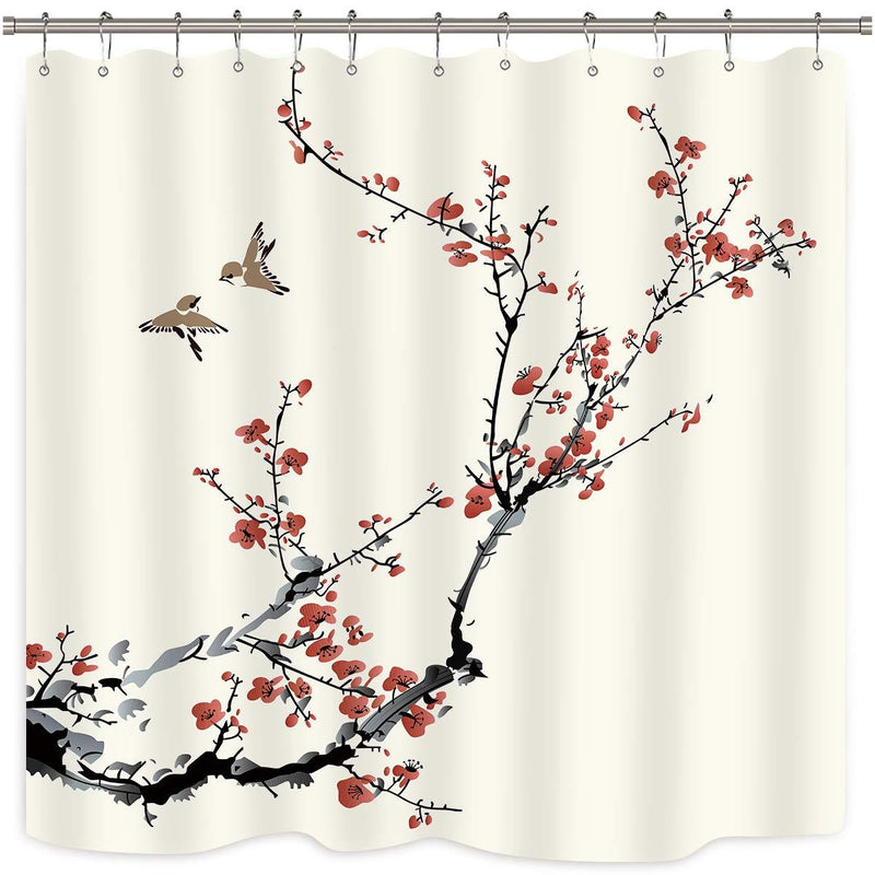 Riyidecor Red Floral Shower Curtain Cherry Sakura Blossom Asian Style Japanese Chinese Painting Birds Girls Fabric Polyester Waterproof Fabric 72Wx72H Inch 12 Pack Plastic Hooks - NewNest Australia