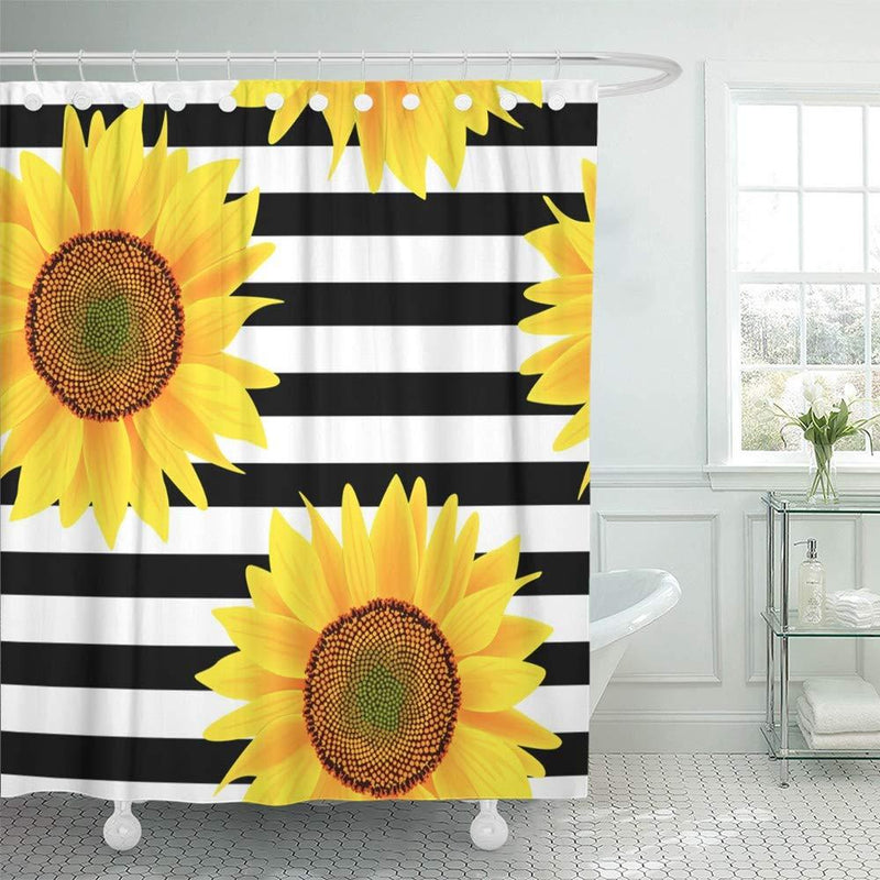 Emvency 66"x72" Shower Curtain Waterproof Home Decor Brown Bright Sunflowers On Striped Black and White Pattern Orange Sun Beautiful Picture Print Polyester Fabric Adjustable Hook Set 66"Wx72"L - NewNest Australia