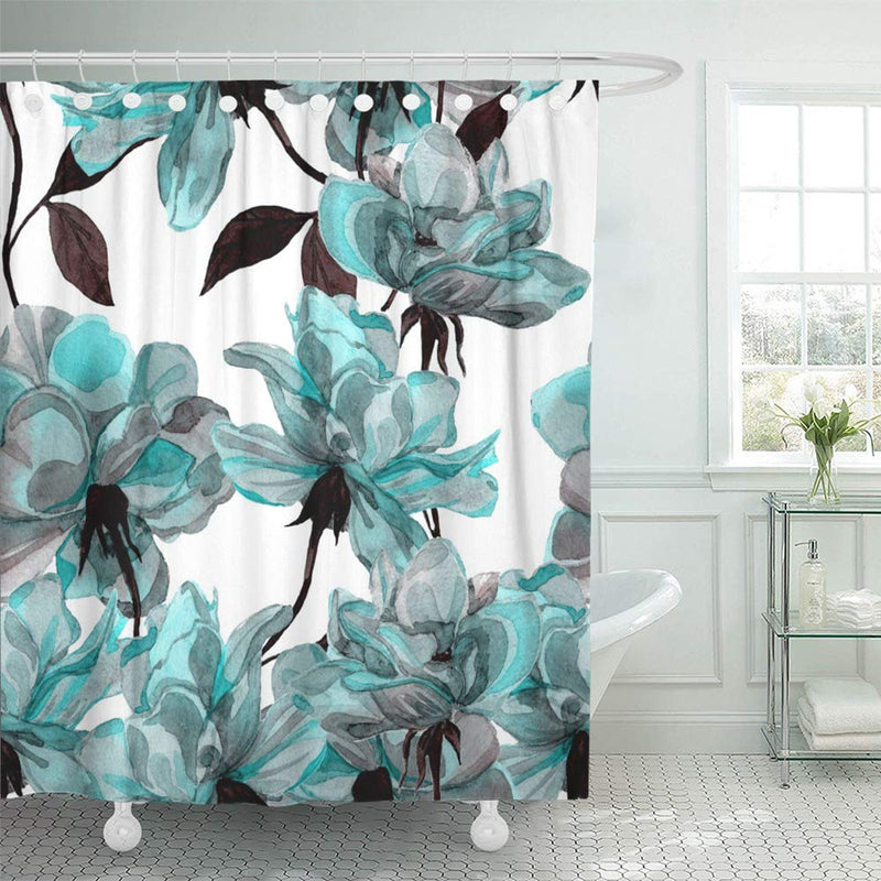 Emvency 72"x72" Shower Curtain Waterproof Blue Flower Floral Teal Pattern with Roses Watercolor Colorful Abstract Arrangement Black Home Decor Polyester Fabric Adjustable Hook Set 72x72 - NewNest Australia