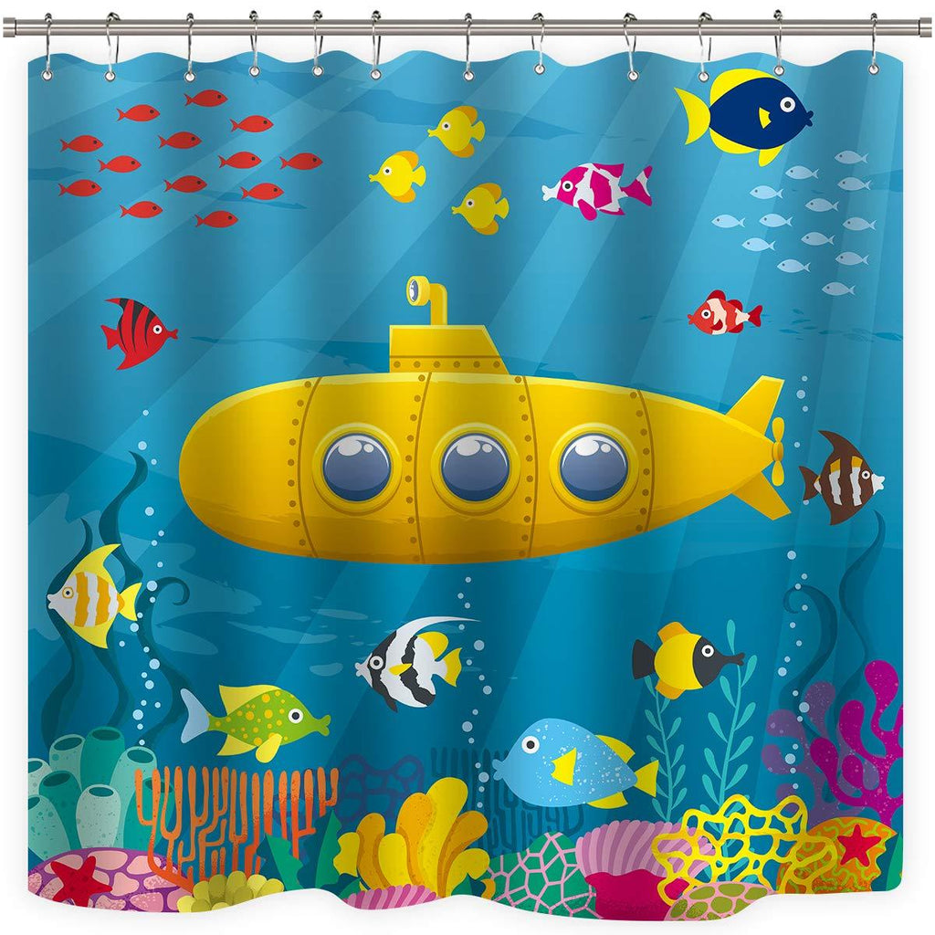 Riyidecor Marine Underwater Kids Shower Curtain Ocean Fish Coral Yellow Submarine Colorful Decor Fabric Bathroom 72Wx72H Inch 12 Pack Plastic Shower Hooks Included - NewNest Australia