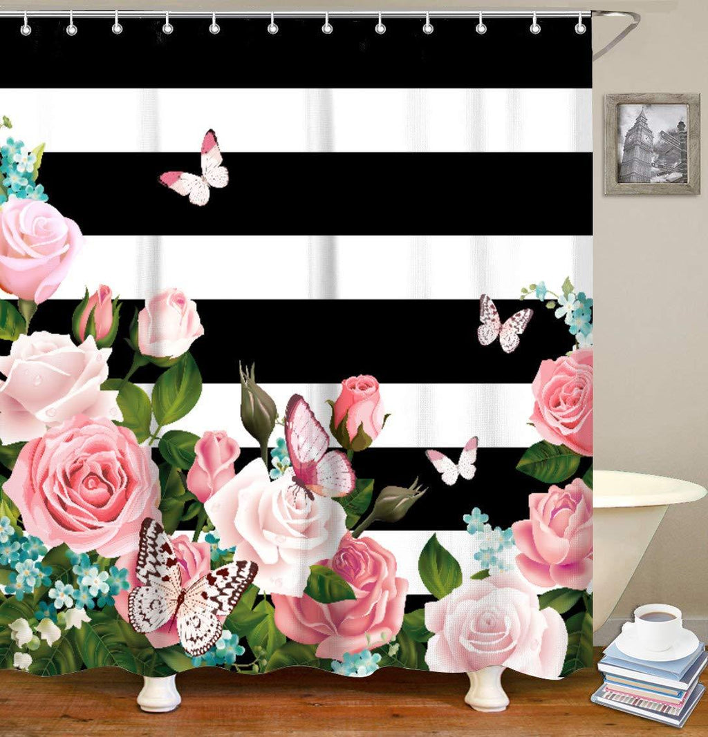 LIVILAN Black and White Shower Curtain with Pink Roses, Butterfly Fabric Shower Surtains Set with Hooks, Decorative Striped Shower Curtains for Bathroom 72x72 Inches 72"x72" - NewNest Australia