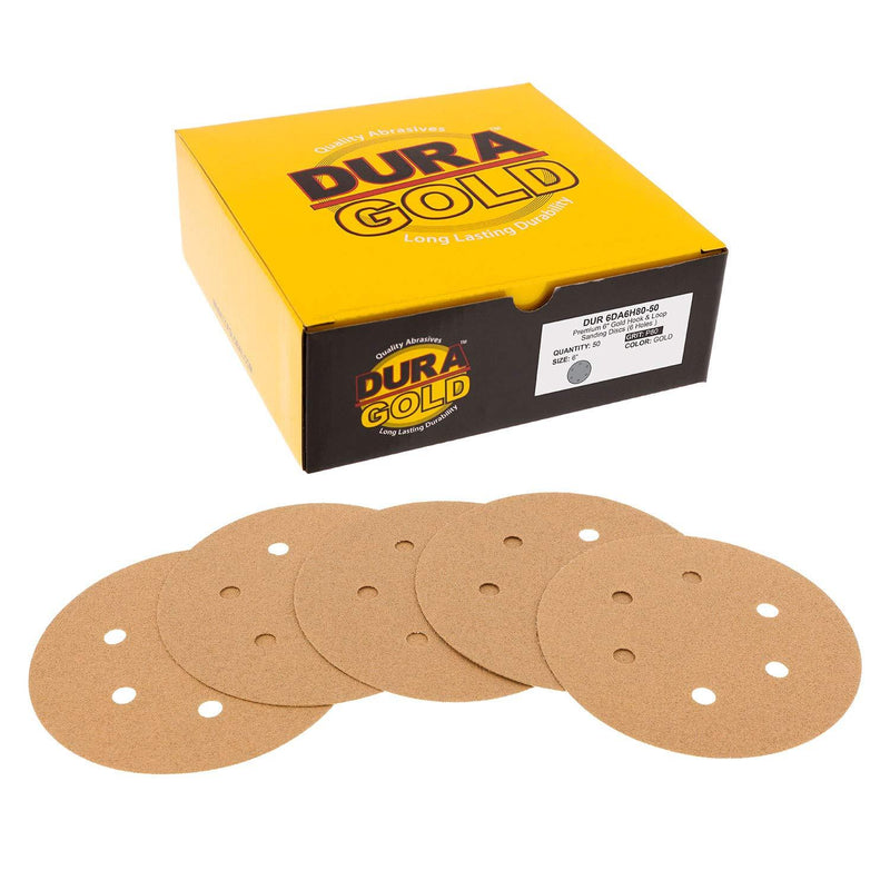 Dura-Gold - Premium - 80 Grit 6" Gold Hook & Loop 6-Hole Sanding Discs for DA Sanders - Box of 50 Sandpaper Finishing Discs for Automotive and Woodworking 80-Grit - NewNest Australia