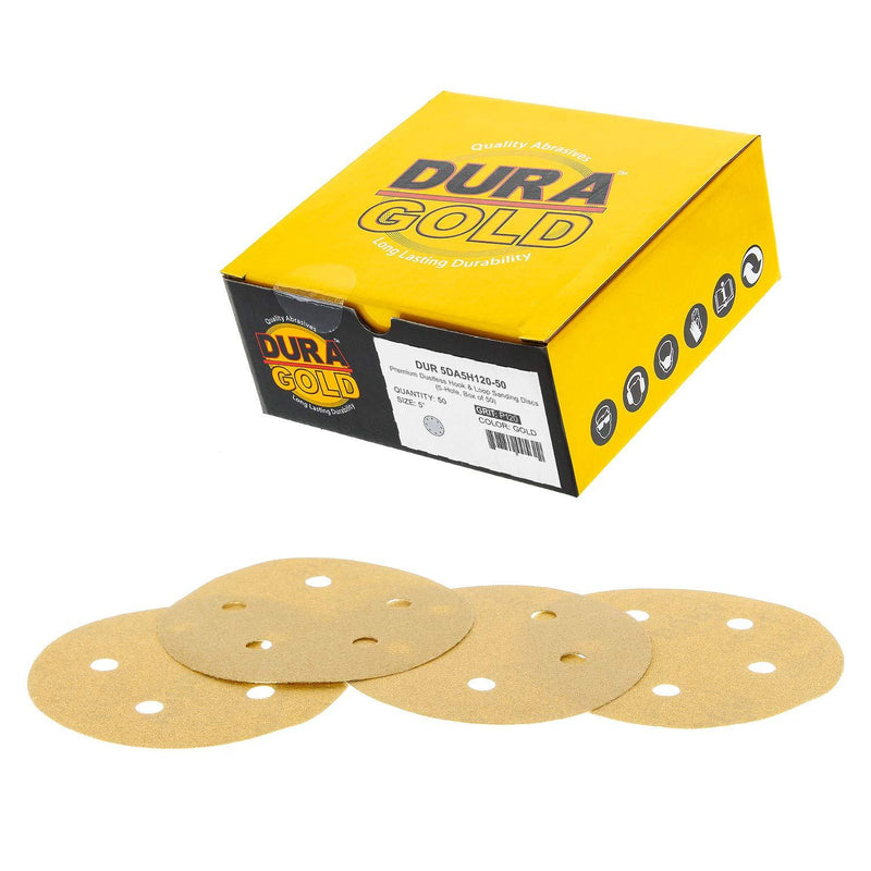 Dura-Gold - Premium - 120 Grit - 5" Gold Sanding Discs - 5-Hole Dustless Hook and Loop for DA Sander - Box of 50 Finishing Sandpaper Discs for Woodworking or Automotive 120-Grit - NewNest Australia