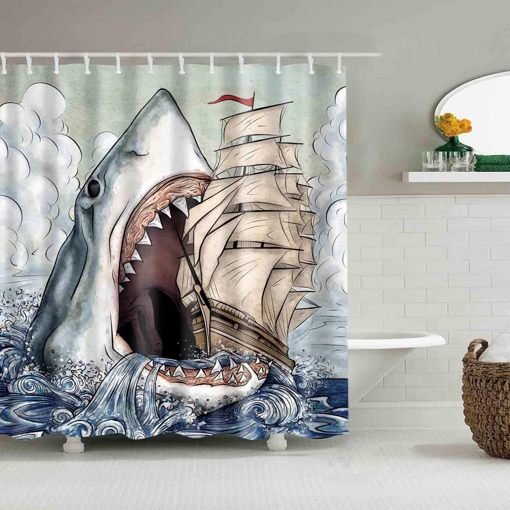 Big Mouth Shark Shower Curtains No Liner Mediterranean Style Marine Life, Bath Fantastic Decorations Waterproof Polyester Fabric Bathroom Shower Curtain with Hooks 72" x 72" (Shark) - NewNest Australia