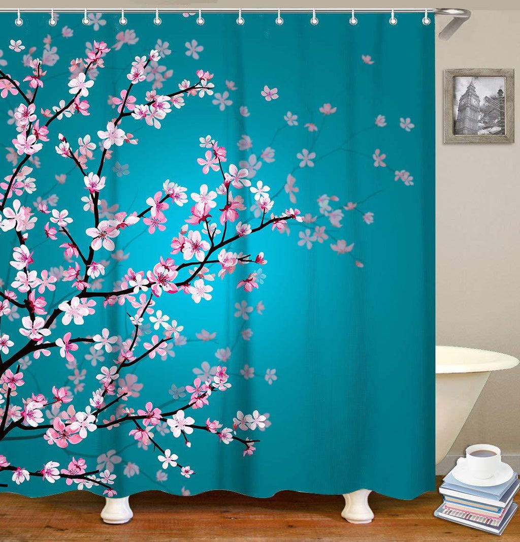 LIVILAN Cherry Blossom Shower Curtain, Floral Teal Fabric Sakura Plum Blossom Bath Curtains with 12 Hooks Bathroom Decor 72" X 72", Turquoise 72" X 72" - NewNest Australia