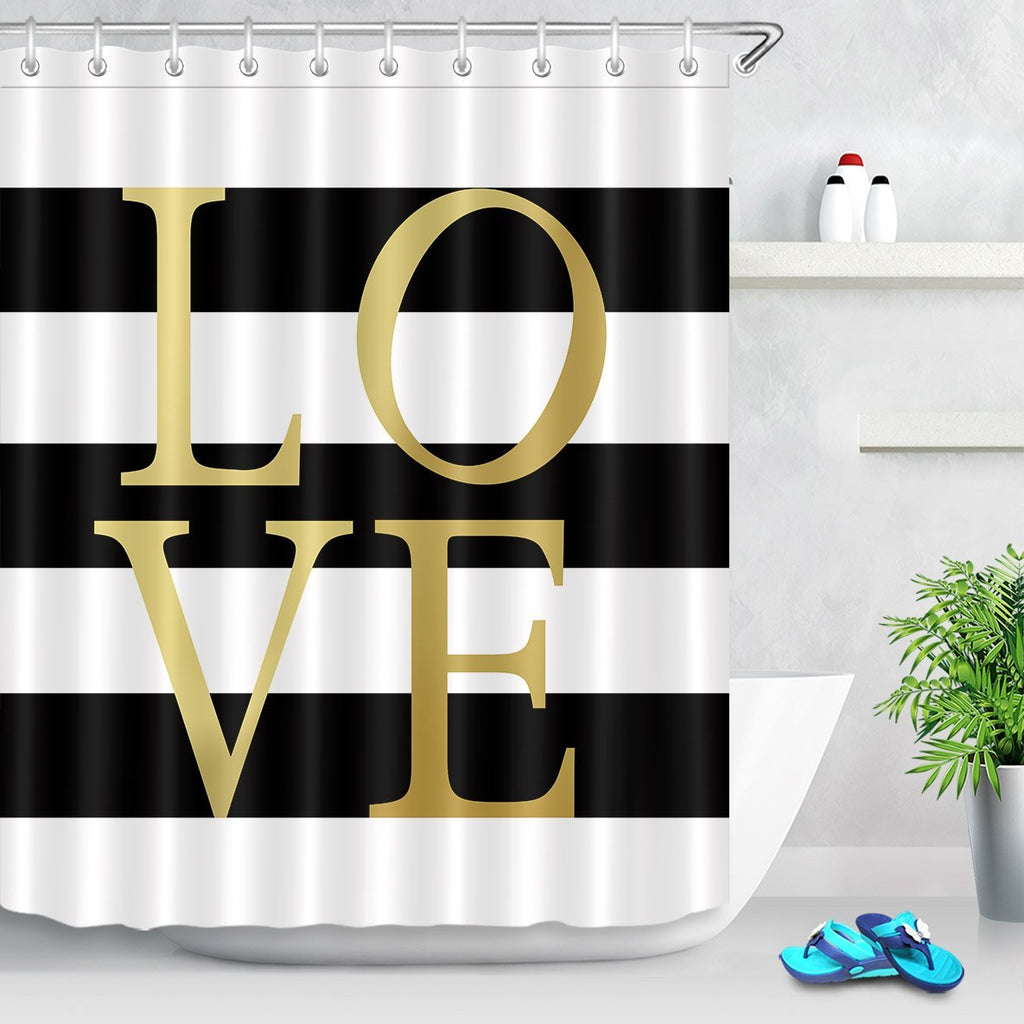 LB Classic Black and White Shower Curtain with Gold Love Simple Striped Bathroom Curtain 60x72 Inch Waterproof Polyester Fabric with 10 Hooks 60Wx72L Multi 01 - NewNest Australia