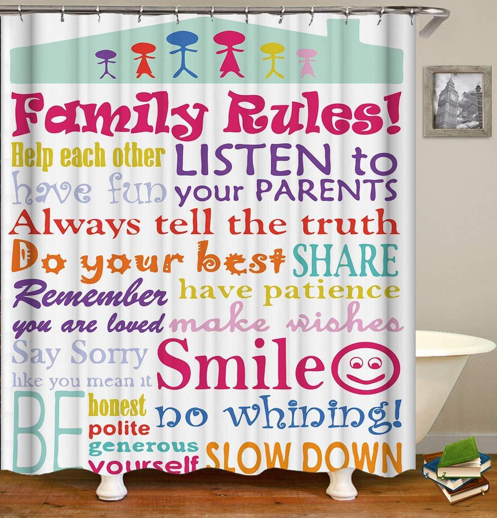 Raymall Family Rules Shower Curtain Child Educational Word Cloud 72x72 Inch Polyester Fabric with Hooks for Boys Kids Bathroom Decor - NewNest Australia