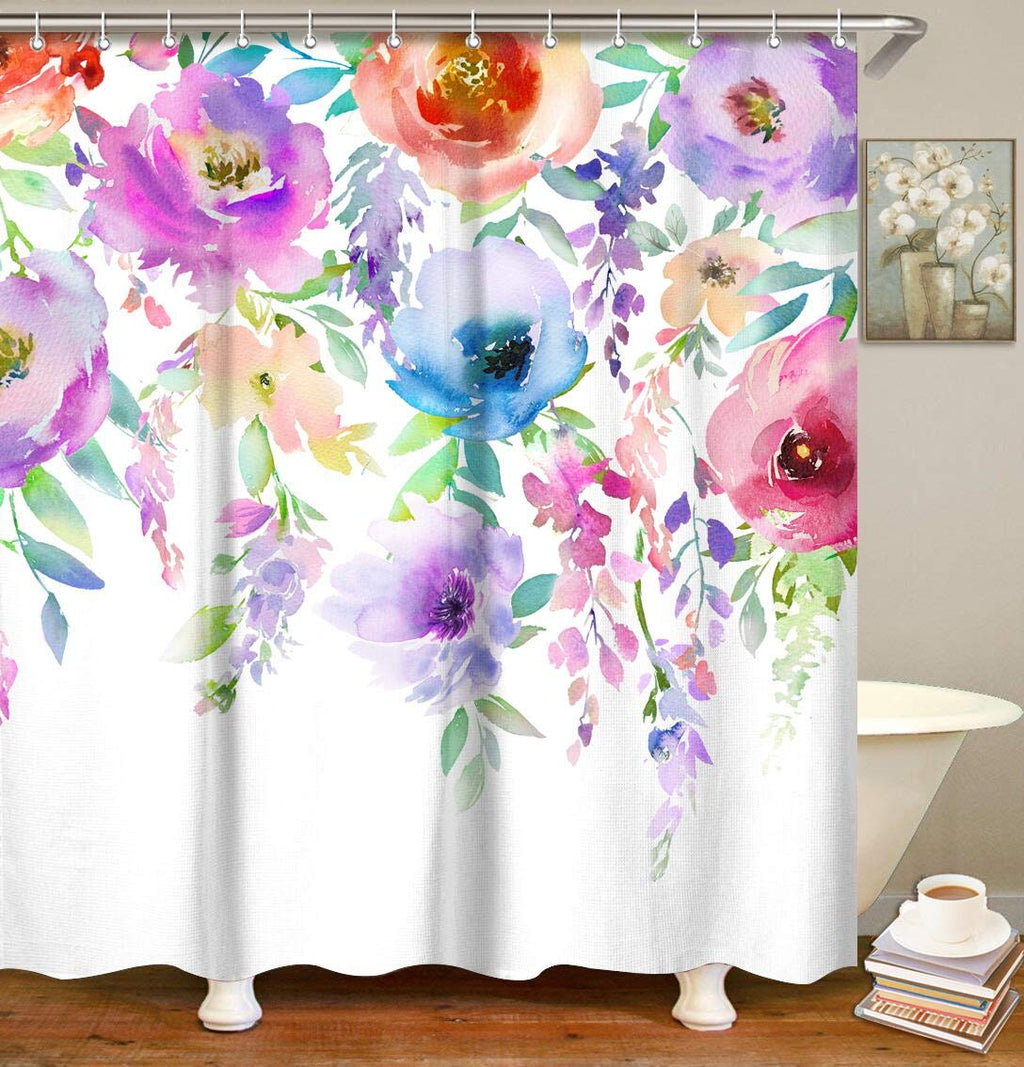 LIVILAN Watercolor Floral Shower Curtain, Colorful Flowers Bathroom Curtain with Hooks 72x72 Inches Machine Washable Fabric Bathroom Decor - NewNest Australia