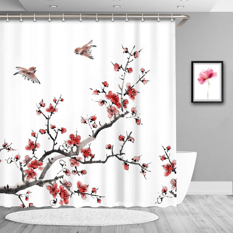 LIVILAN Plum Blossom Birds Shower Curtains Fabric Watercolor Floral Curtain for Bathroom Home Decoration, White, 72" x 72" - NewNest Australia