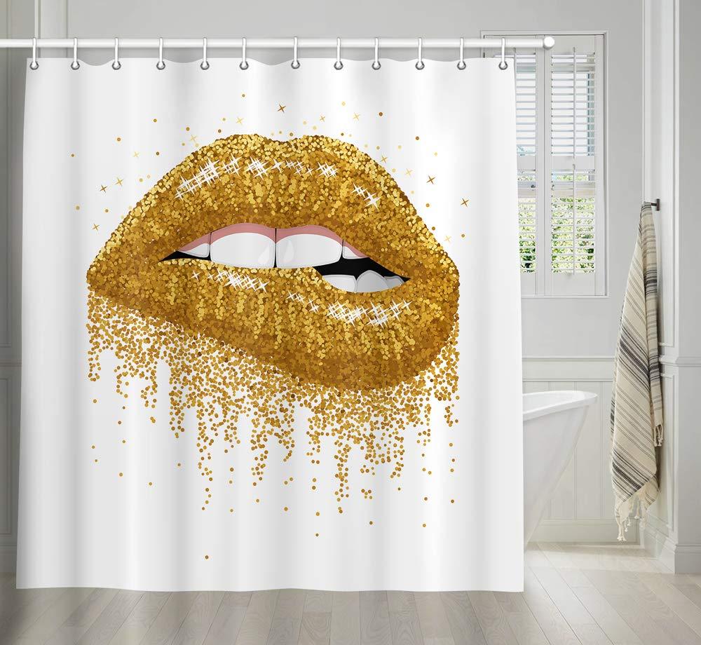 Gold Glitter Women Lips Shower Curtain, Girl Decor Bath Curtains, 3D Fabric Bathroom Accessories 12PCS Shower Hooks, 69X70 Inch - NewNest Australia