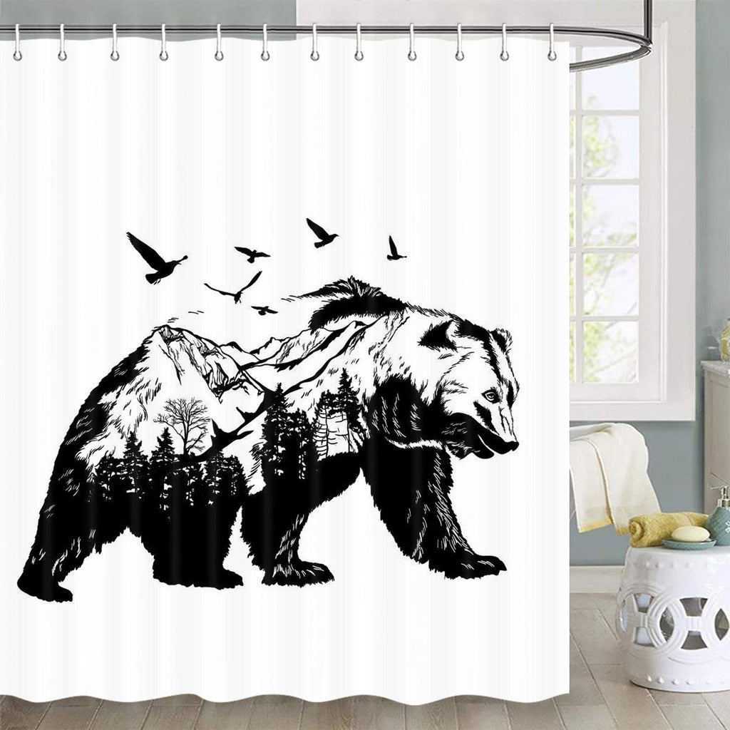 Bear Shower Curtain for Bathroom, Hand Drawn Bear with Forest Trees Birds Animal Black and White Shower Curtain, Funny Shower Curtain, 70X70 in, Shower Curtains Hooks Included 70''W By 70''L - NewNest Australia